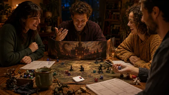 Tabletop role-playing game night with a map, dice, and Hypenote recording the session